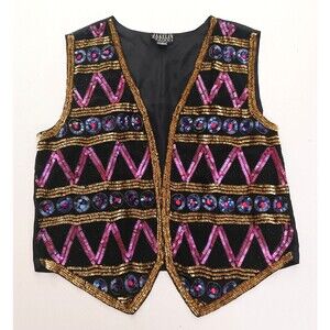 VTG 80s Jakelin Designs 100% Silk Vest Blk Multicolor Sequin Front Sz 2X